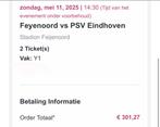 2 kaarten Feyenoord - PSV | Vak Y1, Tickets en Kaartjes, Sport | Voetbal, Losse kaart, Twee personen, Mei
