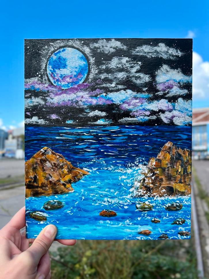 Nachtelijke Zeegezicht met Maan, Antiek en Kunst, Kunst | Schilderijen | Klassiek, Ophalen of Verzenden