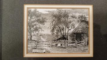 Ingelijste tekening "Schaapskooi op de Veluwe" – K. Meussen  beschikbaar voor biedingen