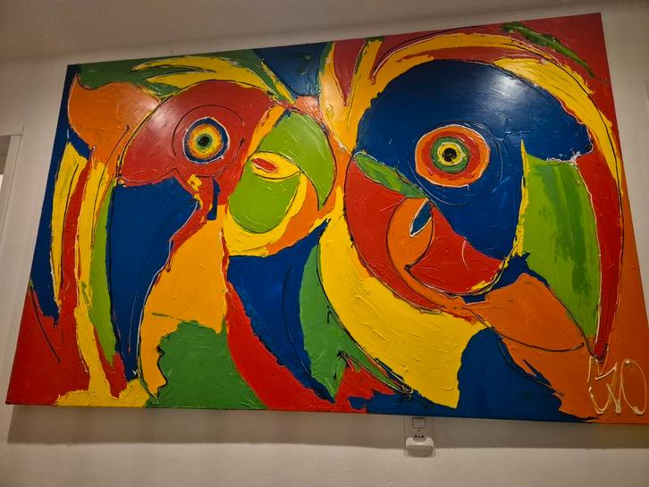 Kleurrijk schilderij van twee vogels, Antiek en Kunst, Kunst | Schilderijen | Abstract, Ophalen