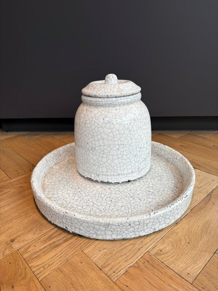 Craquelé Keramiek Set: Pot met Deksel & Schaal, Antiek en Kunst, Antiek | Keramiek en Aardewerk, Ophalen of Verzenden