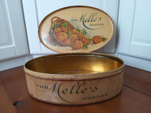 Van Melle Melle's Ananas antiek winkelblik blik, 1930, Verzamelen, Blikken, Gebruikt, Ophalen of Verzenden