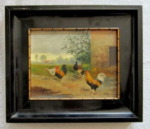 =Afred Schönian 1856-1936 == kippen bij boerderij==, Antiek en Kunst, Kunst | Schilderijen | Klassiek, Ophalen of Verzenden