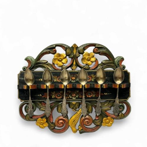 Hindelooper lepelrekje met zes zilveren theelepels, Antiek en Kunst, Antiek | Bestek, Ophalen of Verzenden