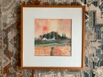 Aquarel Schilderij Landschap Oranjetinten Ingelijst 50x50cm, Ophalen of Verzenden