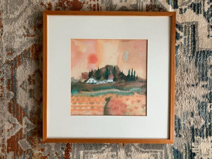 Aquarel Schilderij Landschap Oranjetinten Ingelijst 50x50cm, Antiek en Kunst, Kunst | Overige Kunst, Ophalen of Verzenden