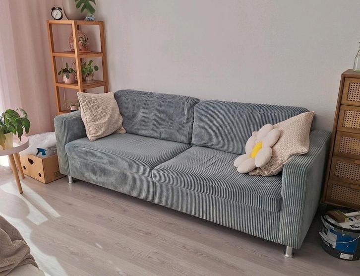 Bank lichtblauw gestreept, Huis en Inrichting, Banken | Bankstellen, Gebruikt, Driepersoons, 200 tot 250 cm, 75 tot 100 cm, Stof