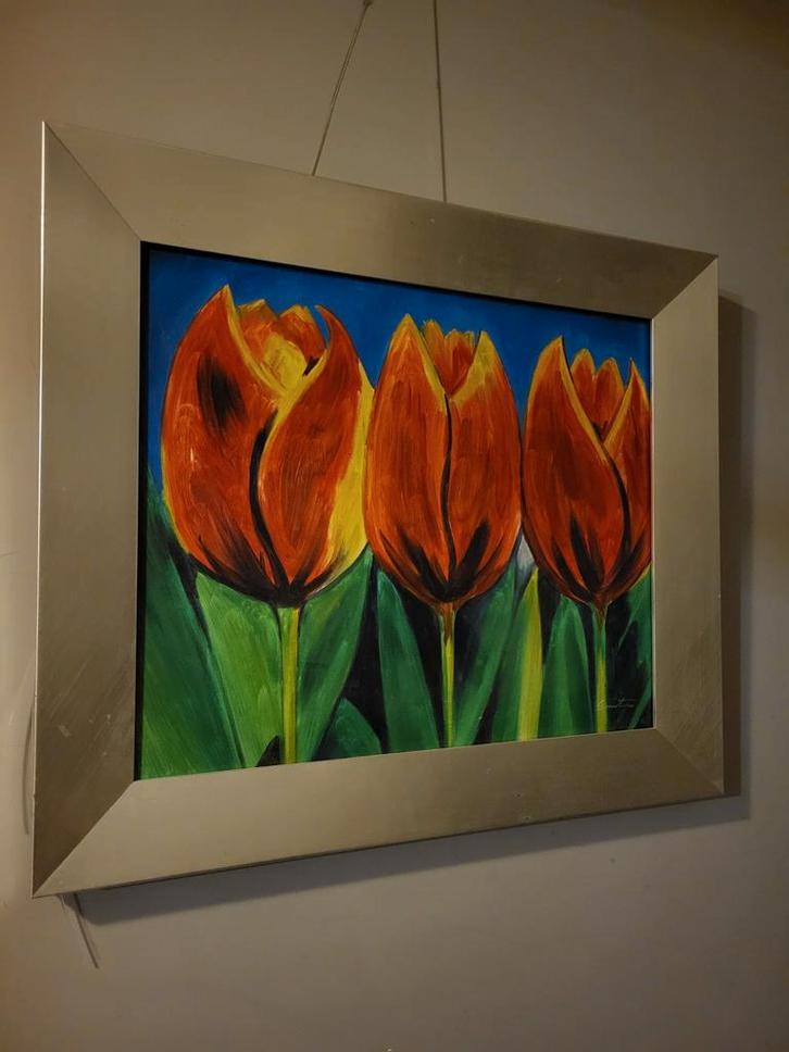Olieverf Schilderij Tulpen met Lijst, Antiek en Kunst, Kunst | Schilderijen | Klassiek, Ophalen of Verzenden
