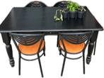 Zwart geverfde grenen tafel met 4 stoelen, Ophalen, Gebruikt, Rechthoekig, Hout