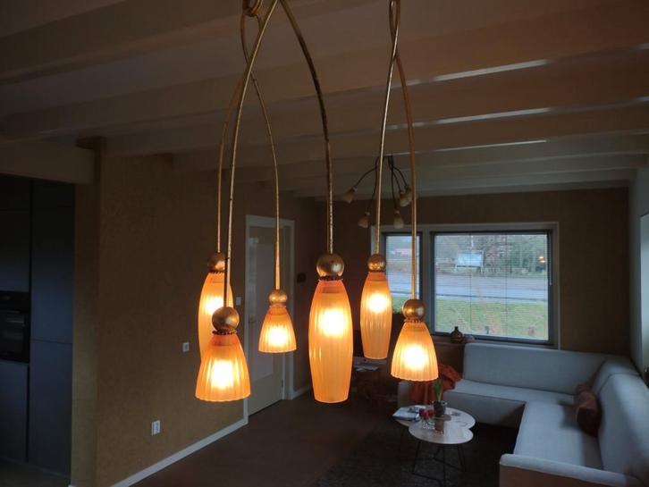 Terzani design hanglamp, bladgoud, 6 kelken Muranoglas, Huis en Inrichting, Lampen | Hanglampen, Zo goed als nieuw, 75 cm of meer