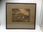 Ets P. Matthes, tafereel met bootje, brug en wassende vrouw, Antiek en Kunst, Kunst | Etsen en Gravures, Ophalen of Verzenden