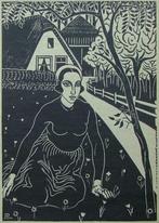 J.Franken Pzn. (Den Haag 1896-1977) Houtsnede 'Boerin bij bo, Antiek en Kunst, Kunst | Etsen en Gravures, Ophalen of Verzenden