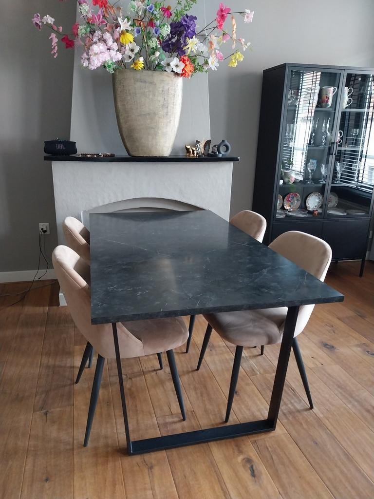 Eettafel met stoelen 90x160, Ophalen, Overige materialen, Modern, Industrieel, Chique, 50 tot 100 cm