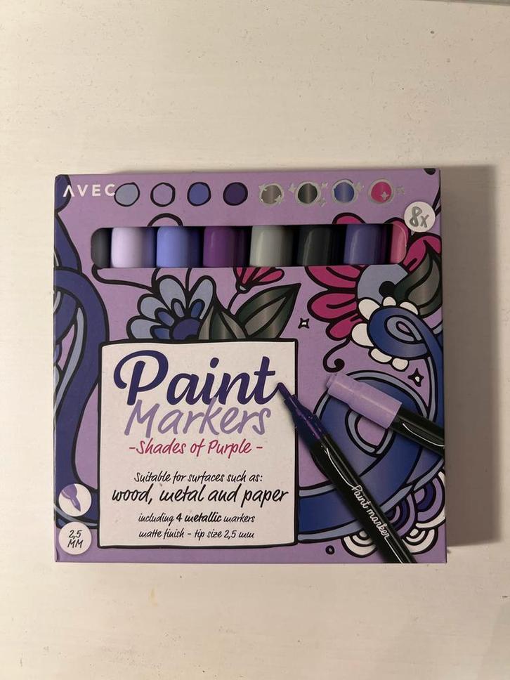 AVEC Paint Markers - Shades of Purple (8 stuks), Hobby en Vrije tijd, Tekenen, Zo goed als nieuw, Potlood of Stift, Ophalen of Verzenden