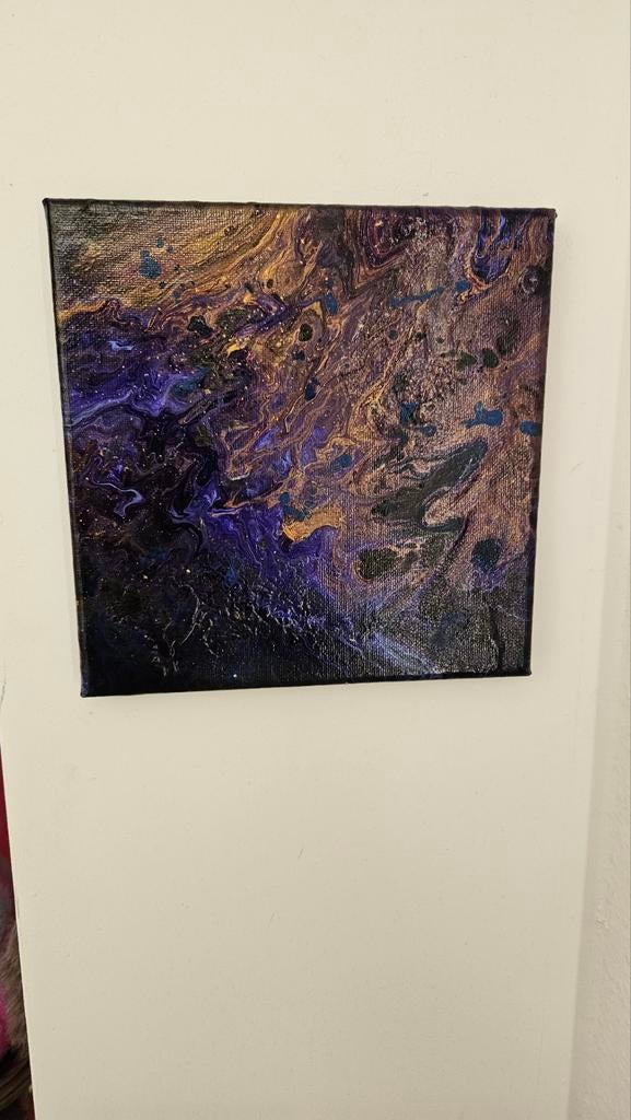 Abstract schilderij, paars blauw goud handgemaakt 20x20, Ophalen of Verzenden