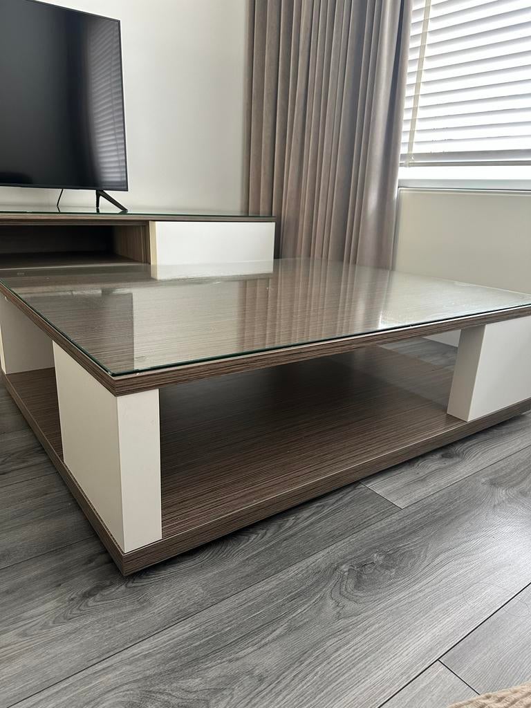 Salontafel met glazen blad, Ophalen, Gebruikt, 100 tot 150 cm, 50 tot 100 cm