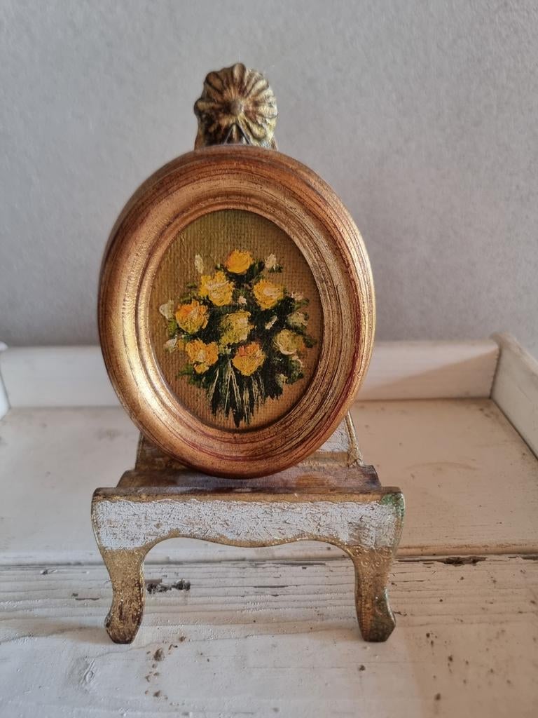 Oud olieverf schilderijtje bloemen stilleven schapenweide, Ophalen of Verzenden