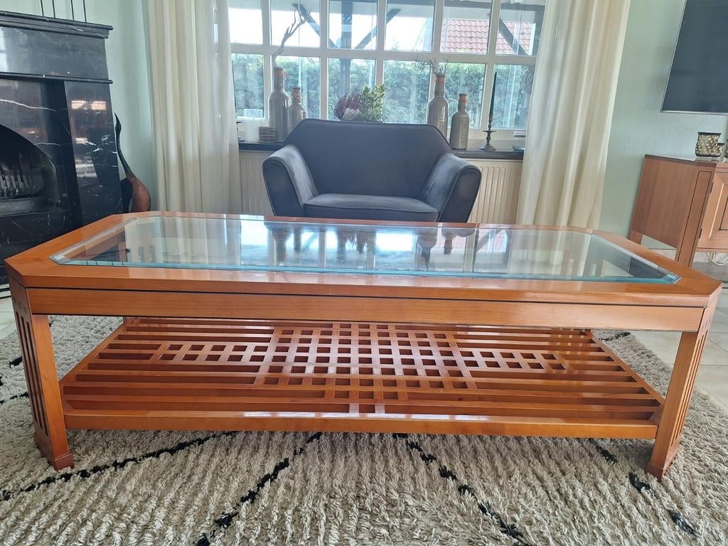 Handgemaakte Salontafel Massief Kersenhout 160x70x48cm, Huis en Inrichting, Tafels | Salontafels, Ophalen, Glas, 50 tot 100 cm