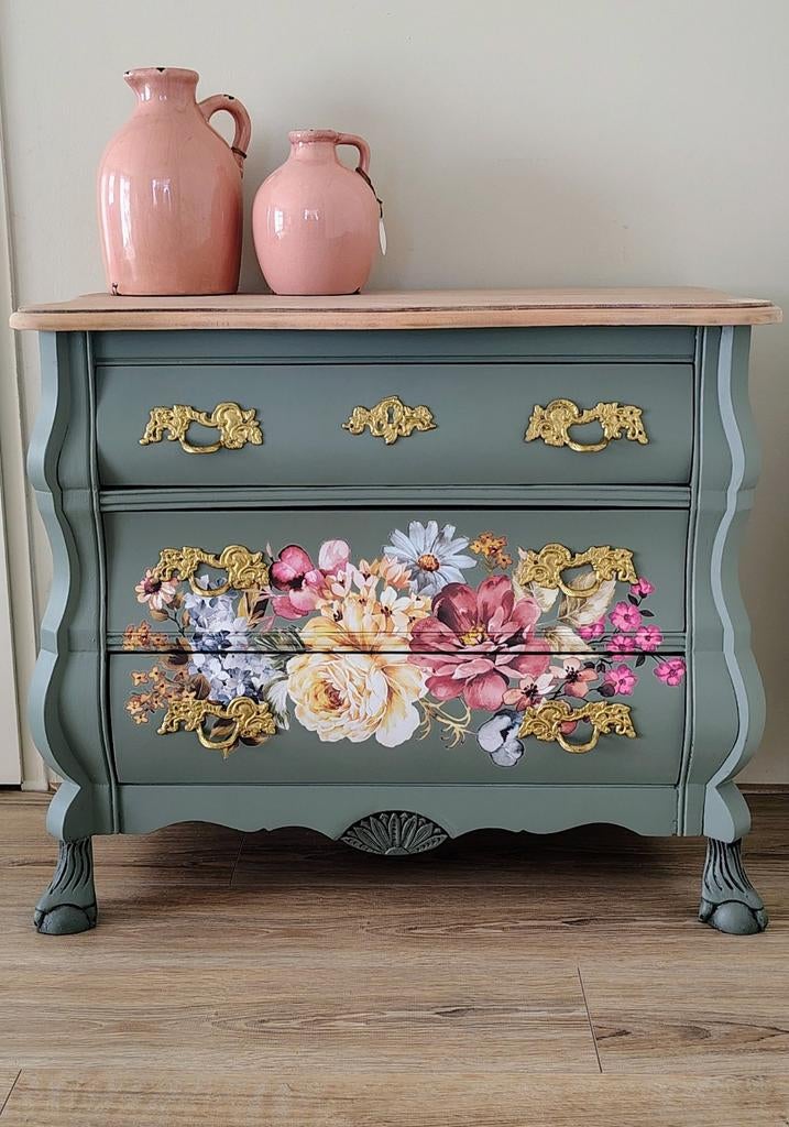 Prachtig vintage groen buikkastje met bloemenmoetief, Ophalen, Gebruikt, 50 tot 100 cm, 3 of 4 laden