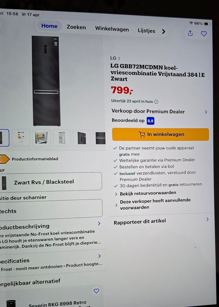 Koel, vries combinatie zwart, Ophalen, 200 liter of meer, Met aparte vriezer, 160 cm of meer