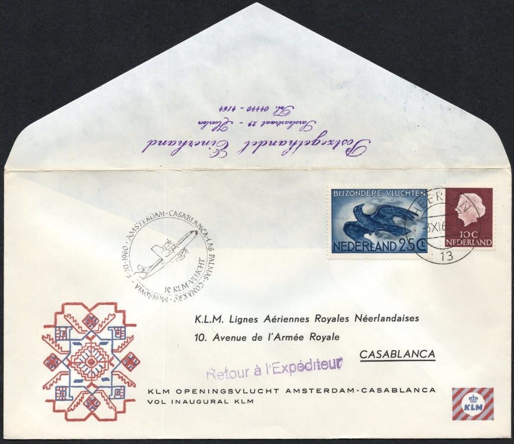 1e KLM vlucht Casablanca Marokko 1960, Postzegels en Munten, Brieven en Enveloppen | Nederland, Verzenden, Envelop