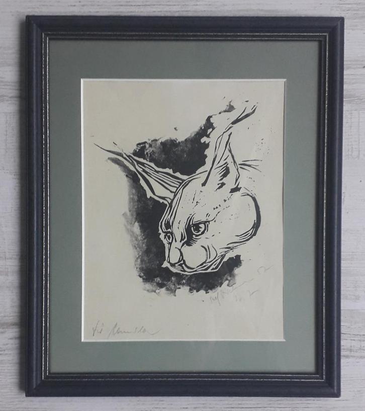 STOERE KAT 🐈 GESIGNEERDE HOUTSNEDE MET LIJST>DIER 🐈 POES, Antiek en Kunst, Kunst | Etsen en Gravures, Ophalen of Verzenden