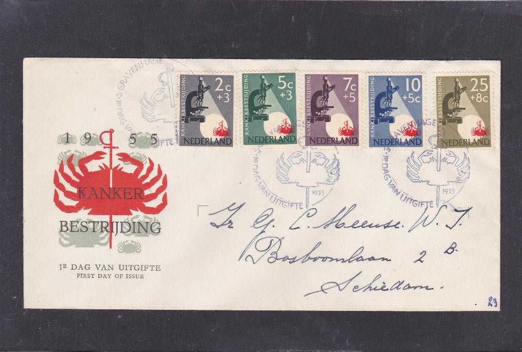 FDC E 23 Kankerbestrijding 1955 (338), Postzegels en Munten, Postzegels | Eerstedagenveloppen, Verzenden, Beschreven, Nederland