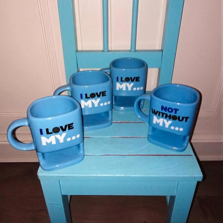 4 Oreo mokken 3x I Love My Oreo 1x Not Without My Oreo, Huis en Inrichting, Keuken | Servies, Zo goed als nieuw, Glas of Glazen