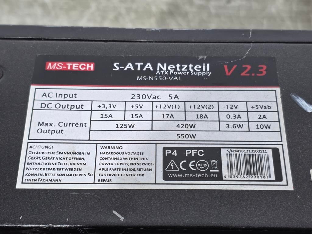 Ms-tech 550w max voeding psu power supply ms-n550-val, Computers en Software, Ophalen of Verzenden, Gebruikt