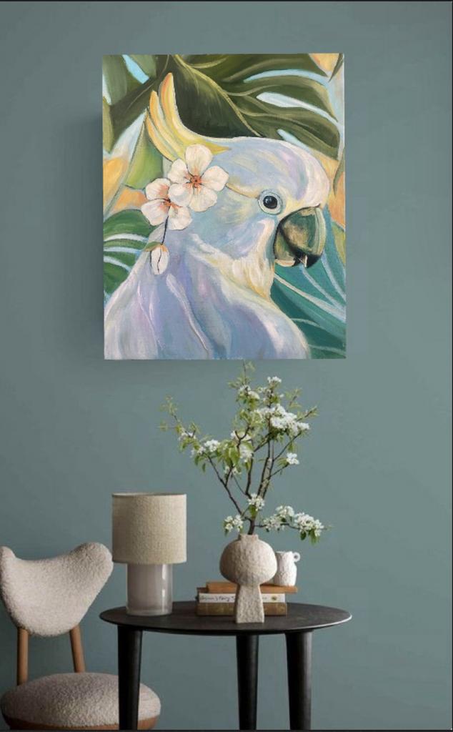 Schilderij kaketoe origineel eigen werk, Ophalen of Verzenden, Nieuw, Schilderij, Minder dan 50 cm