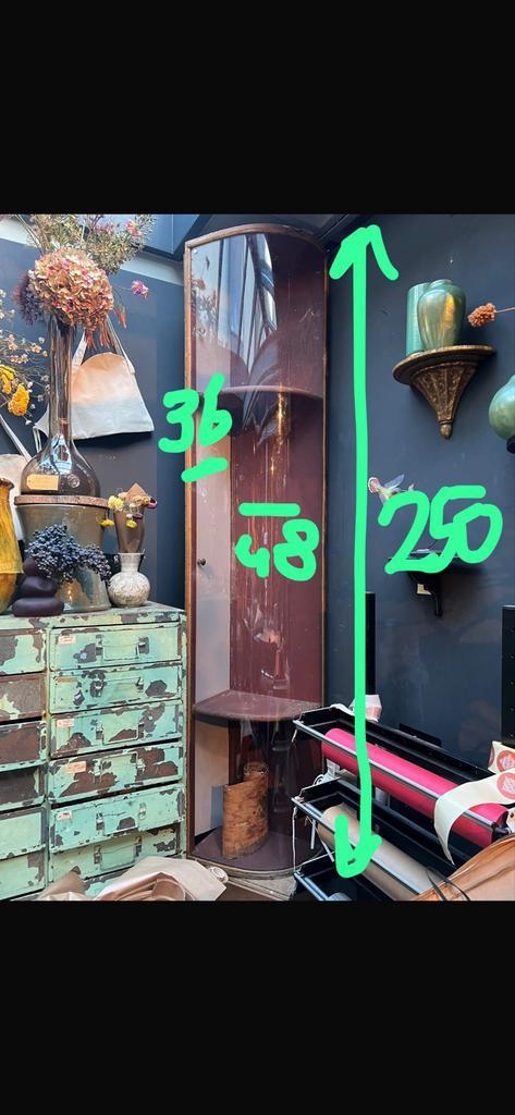 Vintage Vitrine Hoek Kast - Echt Oud, Huis en Inrichting, Kasten | Vitrinekasten, Gebruikt, 200 cm of meer, 50 tot 100 cm, 25 tot 50 cm