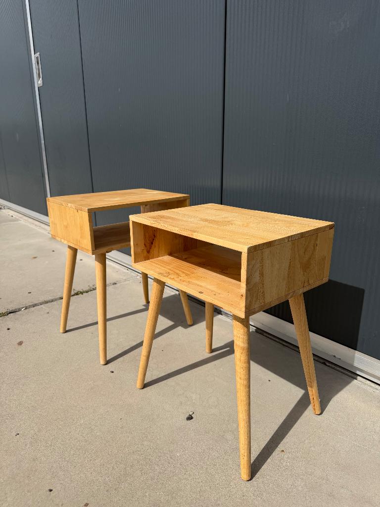 Set Scandinavische nachtkastjes hout mid century stijl, Gebruikt, Minder dan 45 cm, ., Ophalen of Verzenden