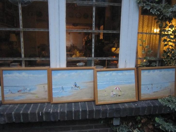 4 Moderne strand schilderijtje in goede lijstjes Spel.Kind., Antiek en Kunst, Kunst | Schilderijen | Modern, Ophalen