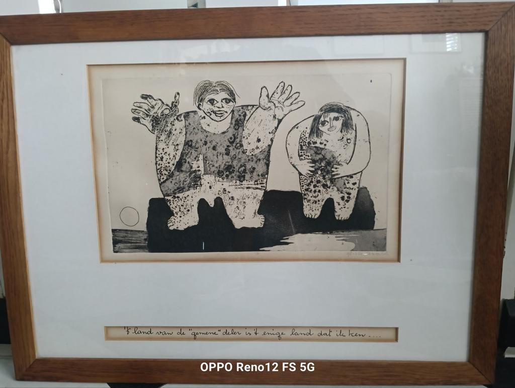 Ans  Wortel Ingelijste ets met twee figuren en tekst, Antiek en Kunst, Ophalen of Verzenden