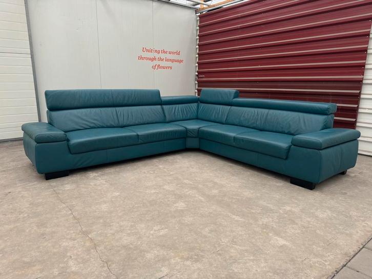 Design Hoekbank Petrol Leder | Verstelbare hoofdsteunen, Huis en Inrichting, Banken | Bankstellen, Zo goed als nieuw, Hoekbank