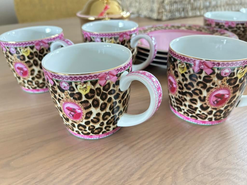 Little Diva ontbijt servies roze, goud, tijgerprint, Keramiek, Ophalen of Verzenden, Zo goed als nieuw, Overige stijlen