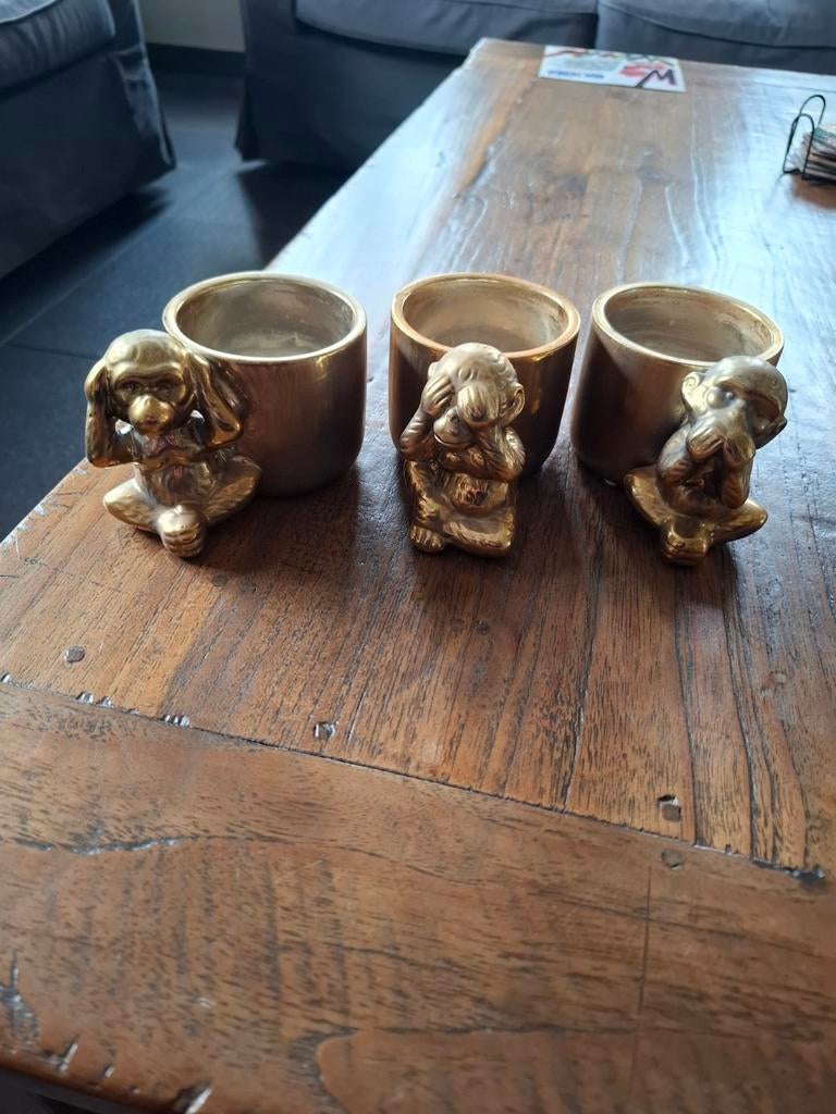 Set van 3 gouden apen  bloempotjes, Huis en Inrichting, Woonaccessoires | Overige, Vintage, Gebruikt, Ophalen of Verzenden, Goud