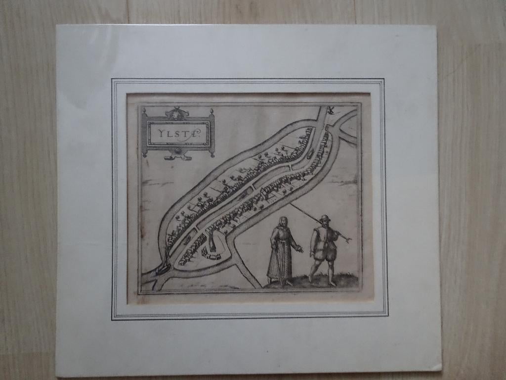 gravure plattegrond IJlst, Friesland Braun en Hogenberg 1592, Antiek en Kunst, Verzenden, Cartografie, 1600 - 1699, Gravure