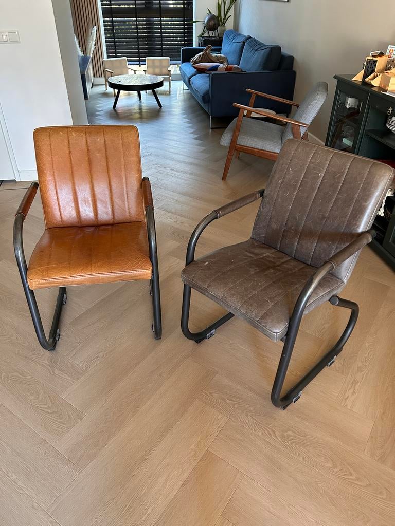 Set van 5 leren eetkamerstoelen, Huis en Inrichting, Stoelen, Gebruikt, Vijf, Zes of meer stoelen, Leer, Bruin, Ophalen