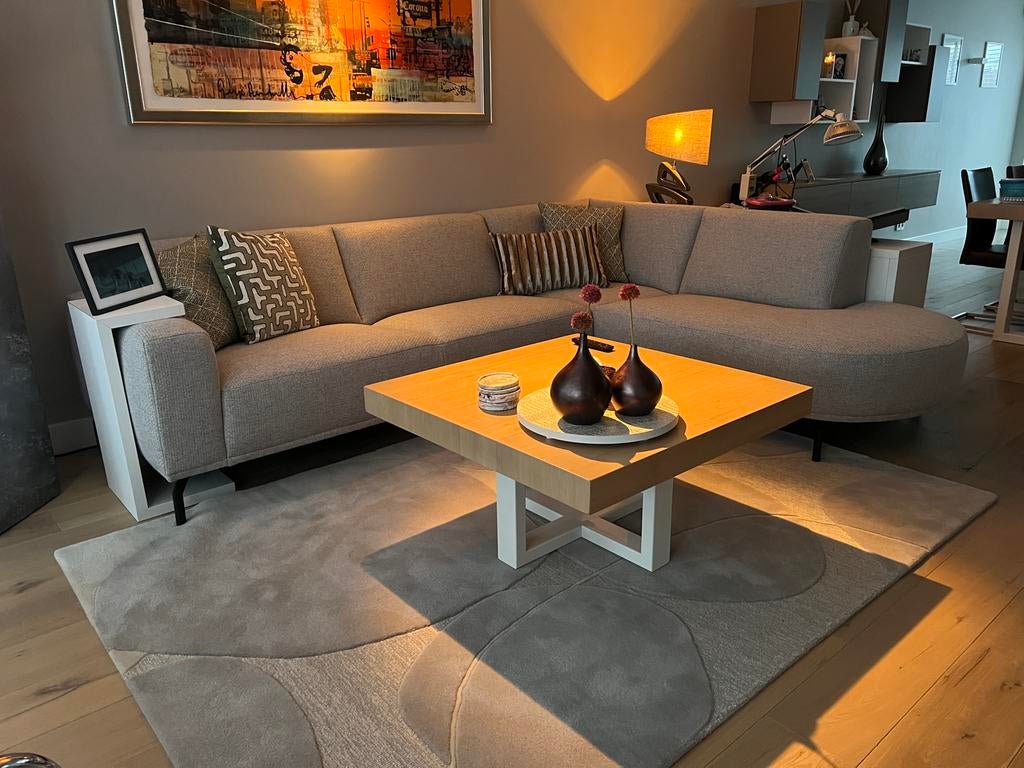 Vierkante salontafel eiken blad met witte kruispoot, Ophalen, 50 tot 100 cm, 50 tot 100 cm, Zo goed als nieuw