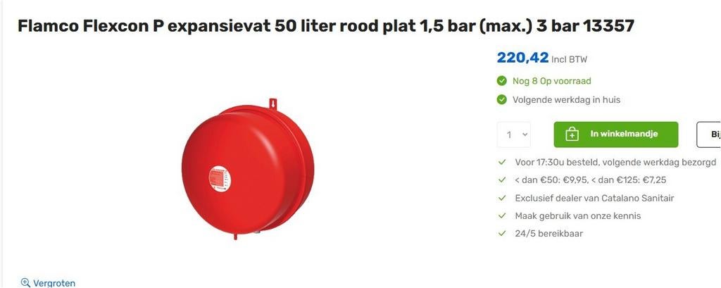 Flamco Flexcon P expansievat 50 liter rood plat 1.5 bar, Ophalen, Minder dan 30 cm, Overige typen, Nieuw
