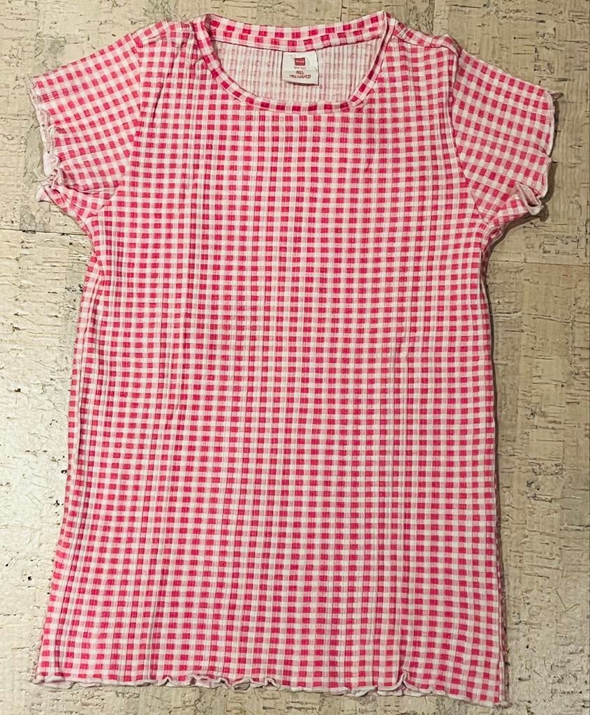 Hema roze-wit geblokt t-shirt, geribbeld - maat 134/140, Kinderen en Baby's, Kinderkleding | Maat 134, Ophalen of Verzenden, Zo goed als nieuw