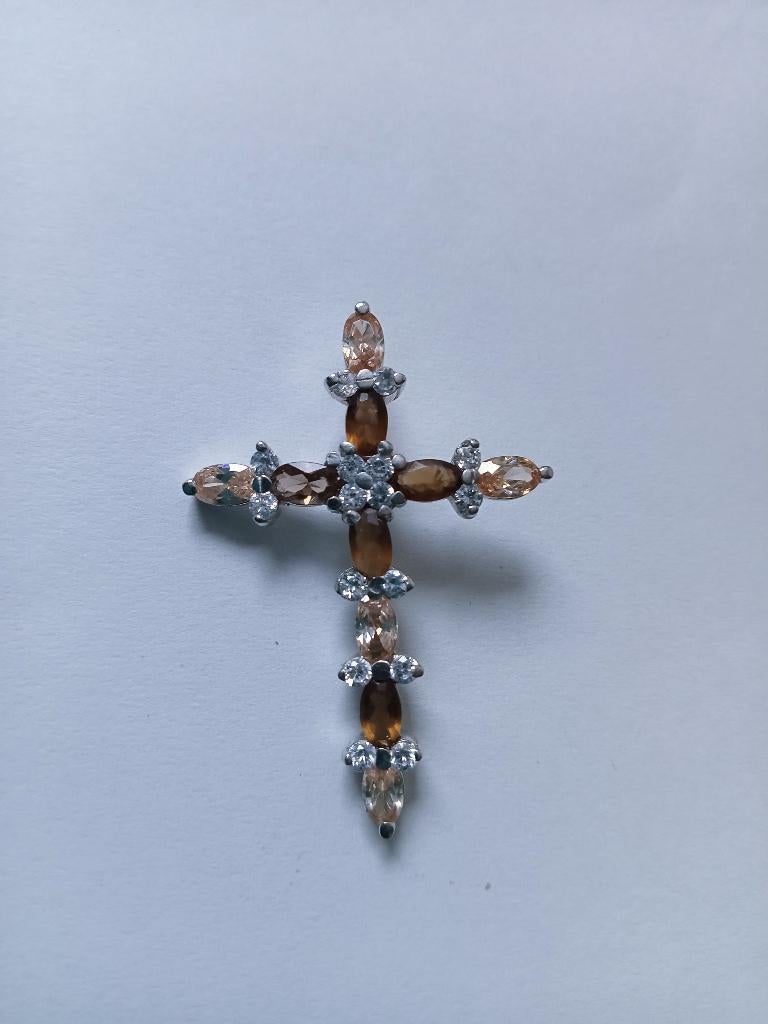 Mooi Fijn Zilveren Kruisje met Rookkwarts en Bergkristal, Sieraden, Tassen en Uiterlijk, Antieke sieraden, Verzenden, Zilver, Hanger