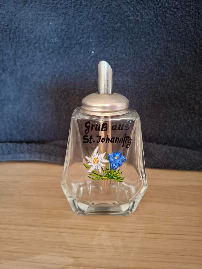 Vintage Glazen Suikerstrooier met Alpenbloemen, Ophalen of Verzenden, Meerkleurig, Overige merken, Glas