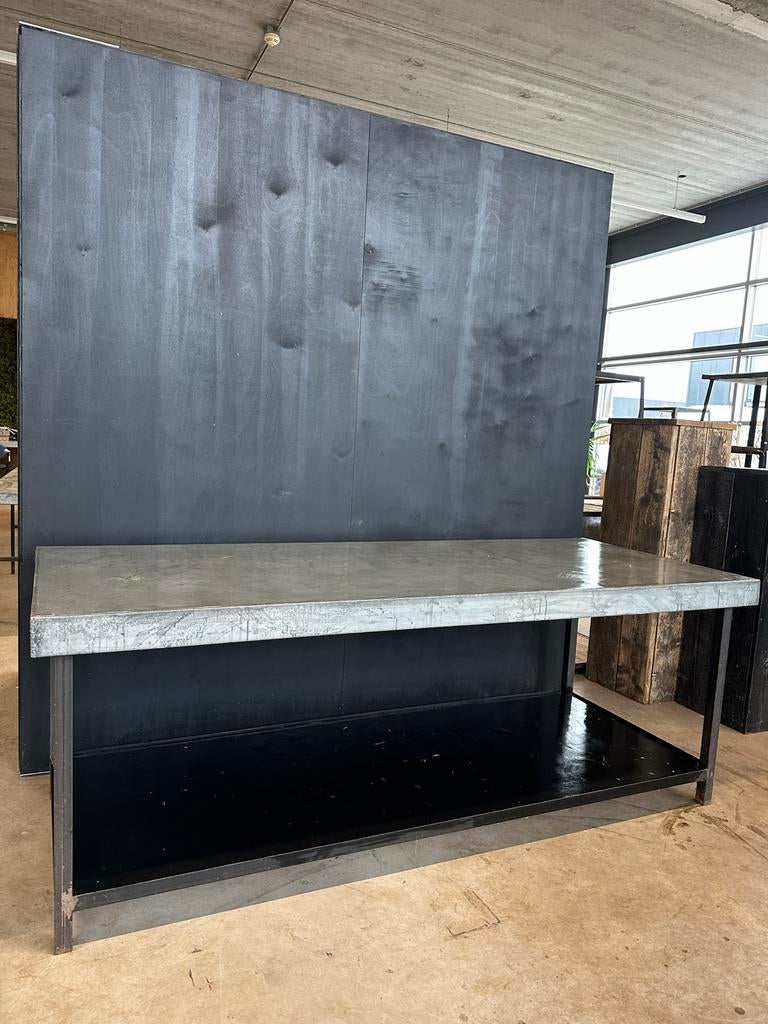 Stalen Tafel met Zinken Blad - 235x93x85 cm, Gebruikt, 200 cm of meer, Metaal, Rechthoekig