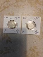 2x Zilveren Kwartje Wilhelmina 1914 - Zeldzame Munt, Postzegels en Munten, Munten | Nederland, Ophalen of Verzenden, Koningin Wilhelmina