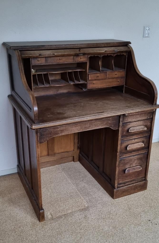 Antiek Eiken Rolklep Bureau met Secretaire Indeling, Ophalen