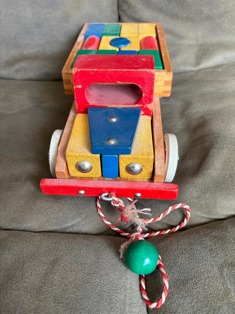 Vintage Heros Houten Trekauto Met Bouwblokken, Ophalen of Verzenden, Gebruikt, Duw- of Trekspeelgoed