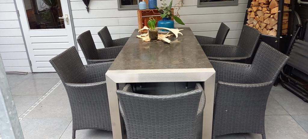 Tuintafel RVS met natuurstenen blad., Tuin en Terras, Tuintafels, Ophalen, Gebruikt, Rechthoekig, Rvs