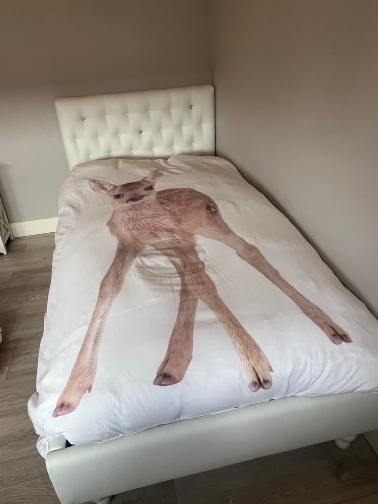 Eenpersoonsbed wit skyleer met hoofdbord en matras, Ophalen, 90 cm, Eenpersoons, Wit